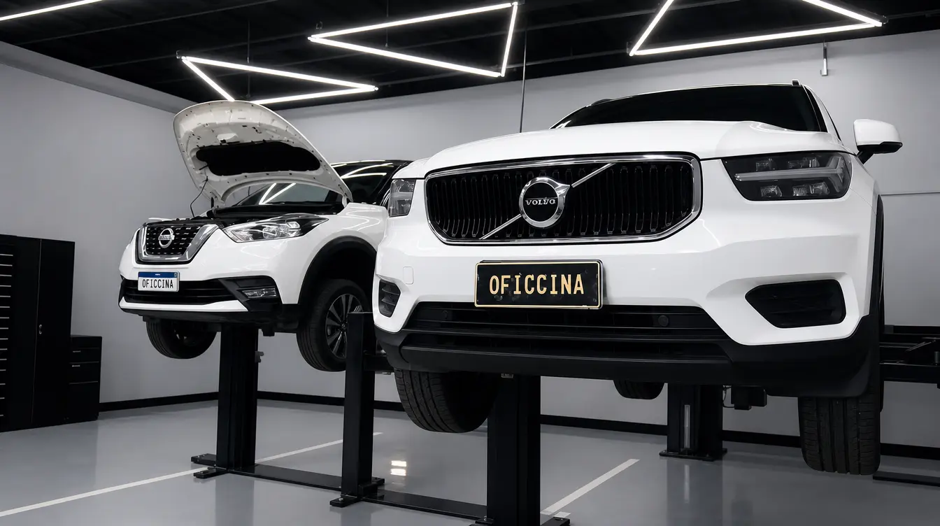 Carros nos elevadores da Oficcina, com iluminação em triângulos no teto, estrutura completa de garagem